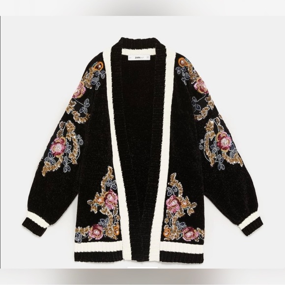 ZARA Knit Floral Appliqué Chunky Open Cardigan - Picture 6 of 14